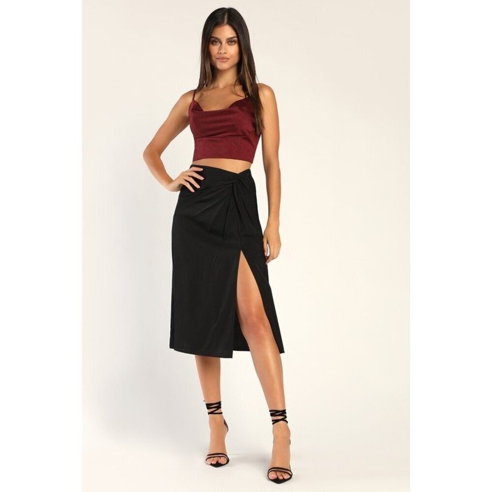 Lulus Always A Twist Black Satin Twist Front Midi Skirt - Size M